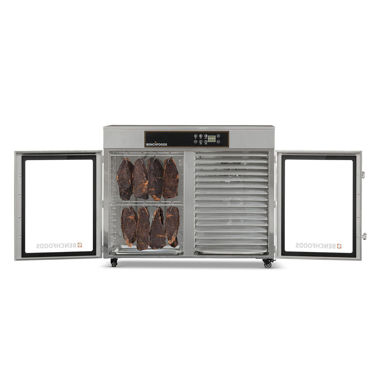 BenchFoods 32HCUDG biltong bundle horizontal commercial dehydrator with doors open showing biltong hanging in the left zone and empty stainless steel trays in the right zone