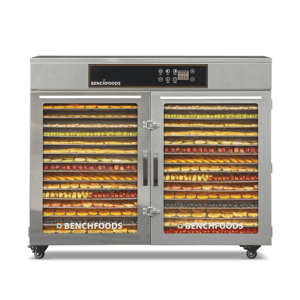 BenchFoods 32HCUDG biltong bundle horizontal commercial dehydrator front view with closed doors showing dehydrated fruit trays loaded in both zones
