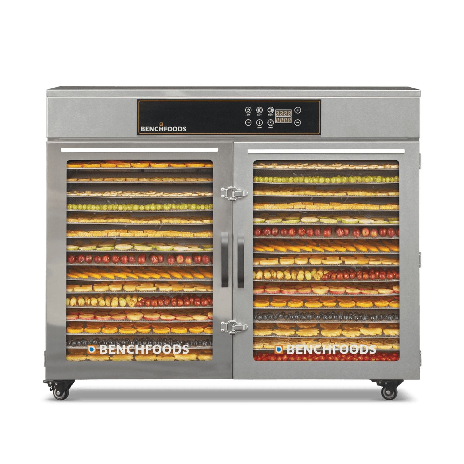 BenchFoods 32HCUDG biltong bundle horizontal commercial dehydrator front view with closed doors showing dehydrated fruit trays loaded in both zones