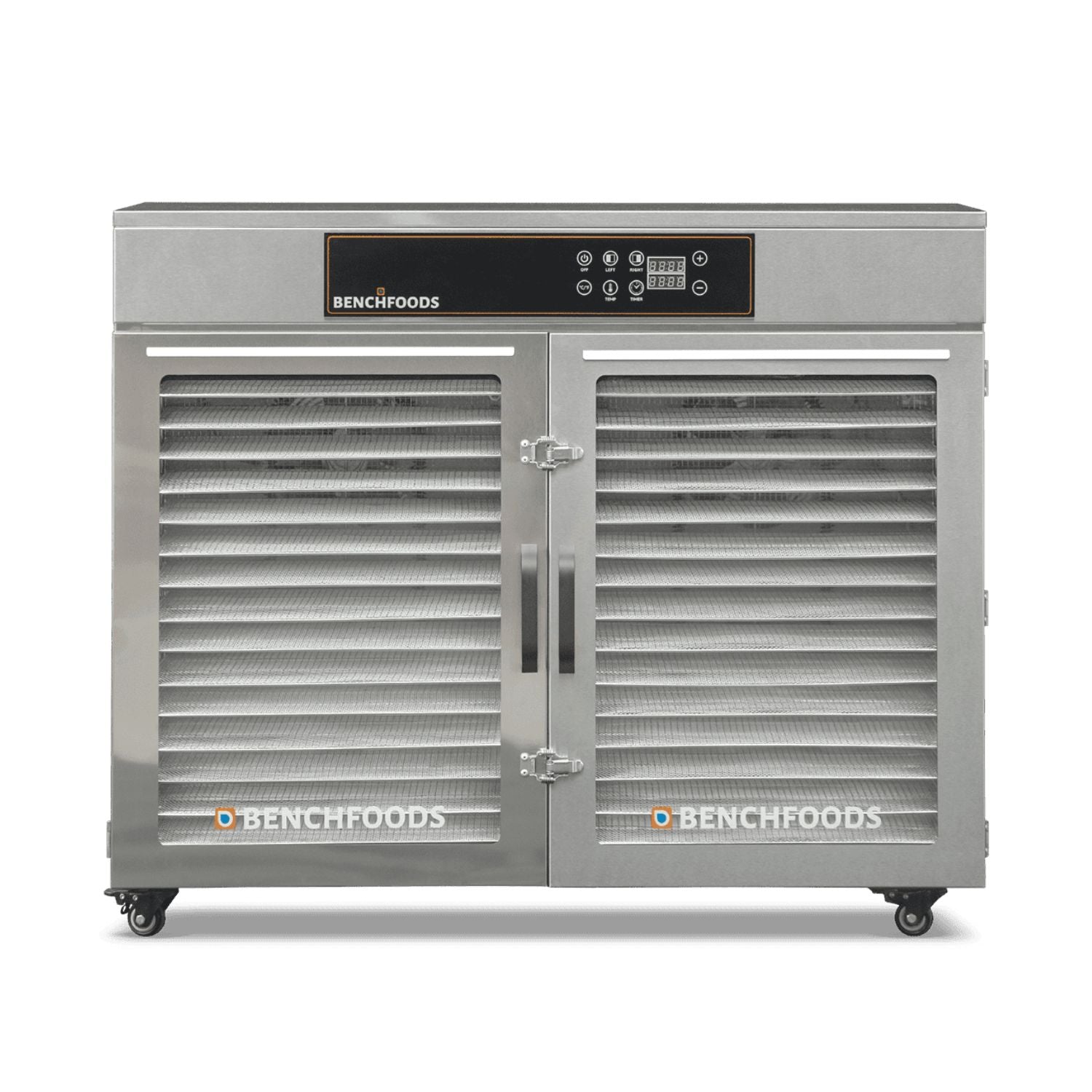 BenchFoods 32HCUDG biltong bundle horizontal commercial dehydrator front view with closed doors showing empty stainless steel mesh trays