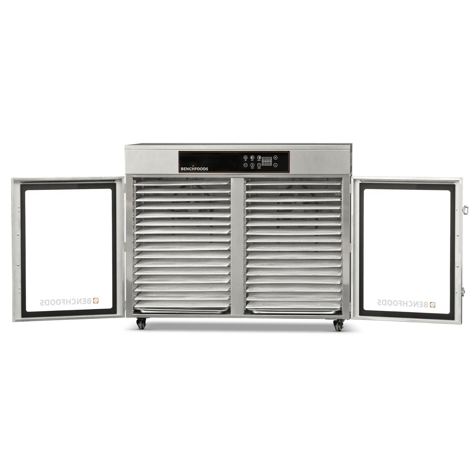 BenchFoods 32HCUDG biltong bundle horizontal commercial dehydrator with both doors open showing empty stainless steel mesh trays in each zone