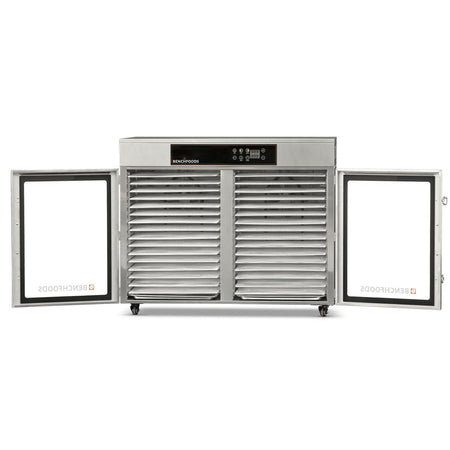 BenchFoods 32HCUDG biltong bundle horizontal commercial dehydrator with both doors open showing empty stainless steel mesh trays in each zone