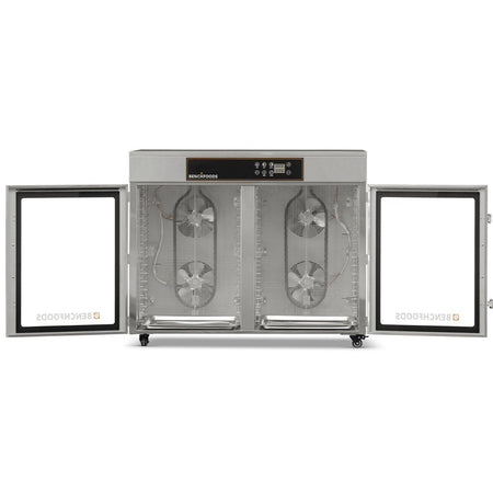BenchFoods 32HCUDG biltong bundle horizontal commercial dehydrator with both doors open revealing the internal fan system