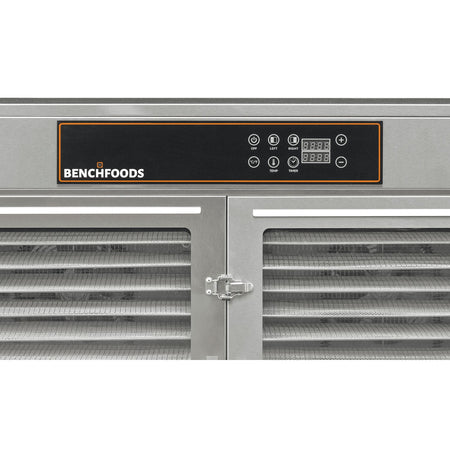 Close-up of the BenchFoods 32HCUDG biltong bundle digital control panel with left zone, right zone, temperature, and timer settings