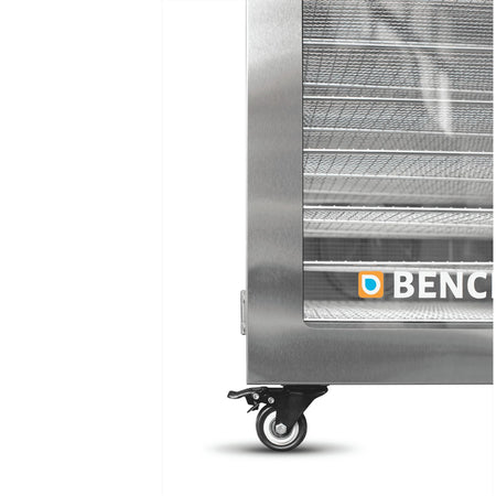 Close-up of the BenchFoods 32HCUDG biltong bundle heavy-duty lockable caster wheel and cabinet corner