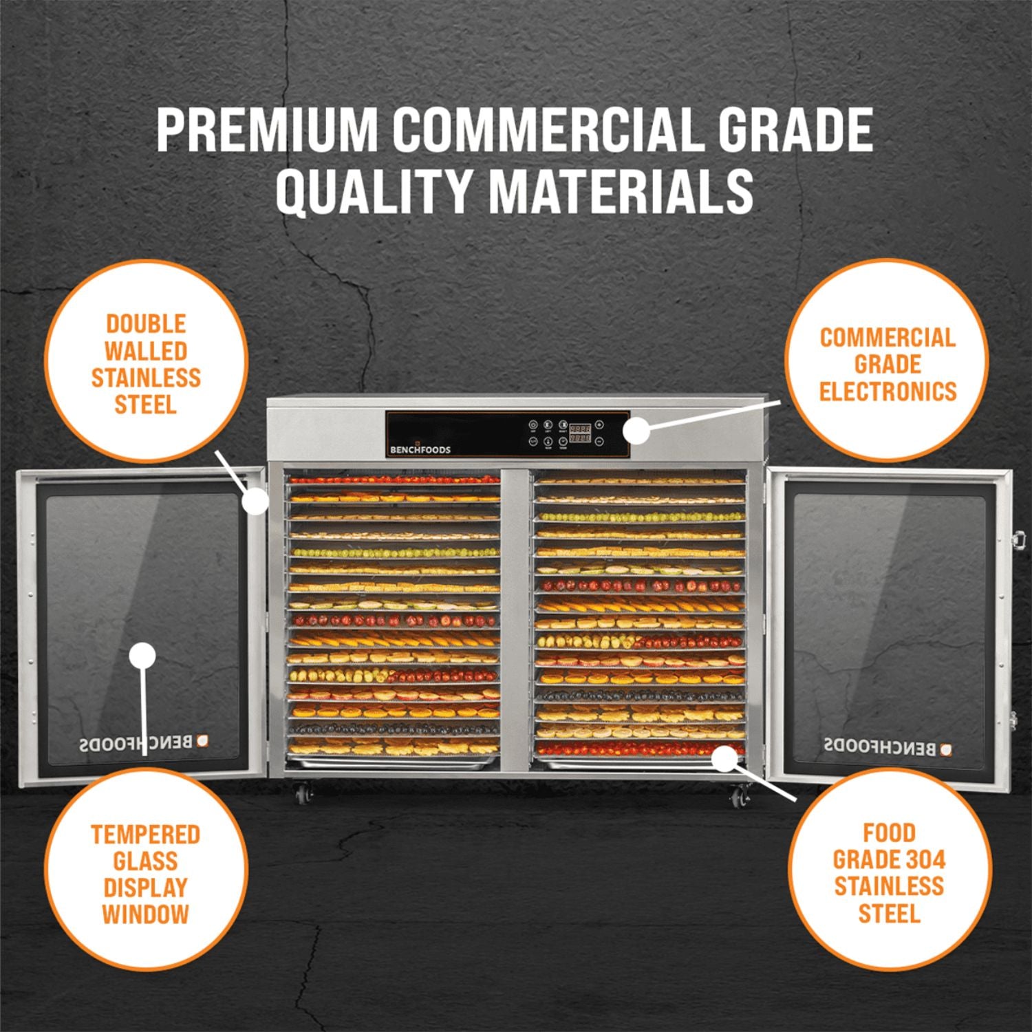Infographic highlighting BenchFoods 32HCUDG biltong bundle premium commercial grade materials and construction