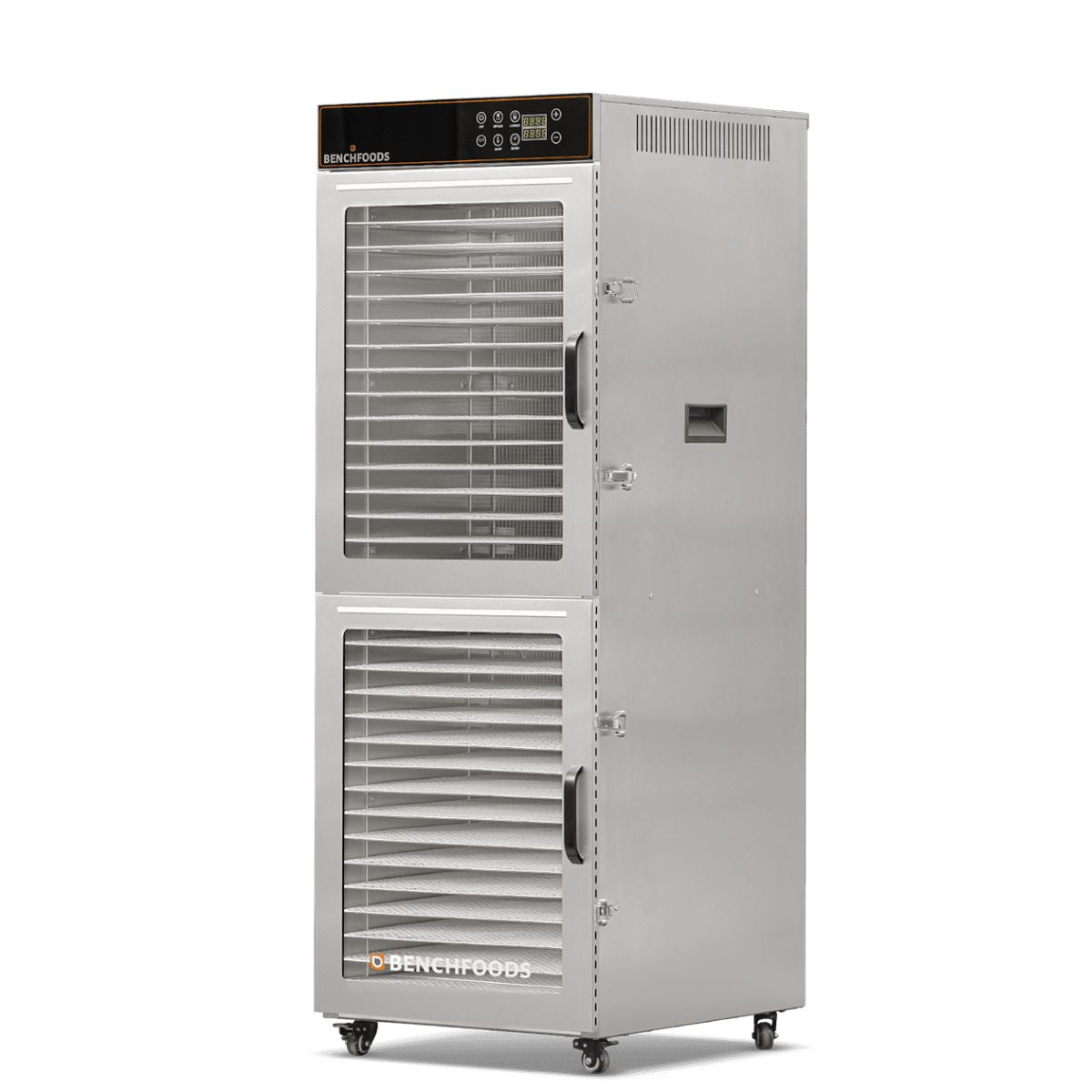 BenchFoods 32VCUDG vertical commercial dehydrator angled view showing empty stainless steel trays