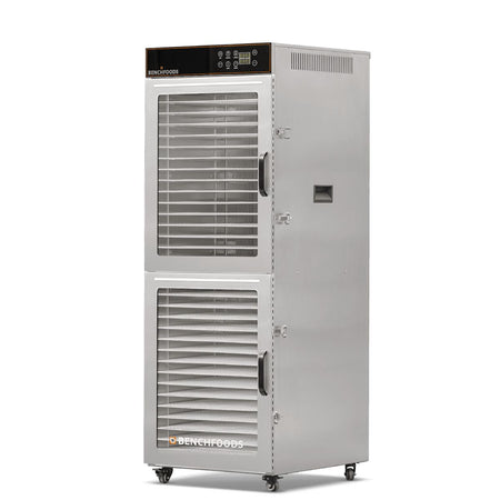 BenchFoods 32VCUDG vertical commercial dehydrator angled view showing empty stainless steel trays