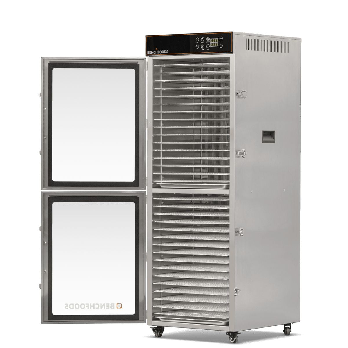 BenchFoods 32VCUDG vertical dehydrator with door open showing empty stainless steel mesh trays