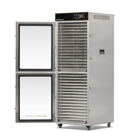 BenchFoods 32VCUDG vertical dehydrator with door open showing empty stainless steel mesh trays
