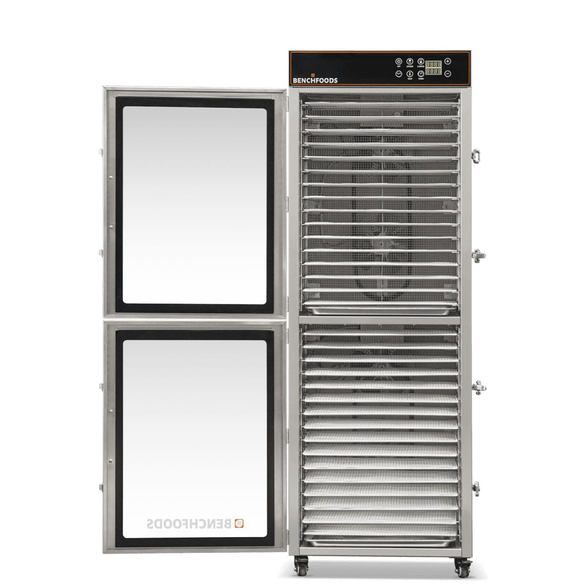 BenchFoods 32VCUDG vertical dehydrator with door open revealing the internal fan system