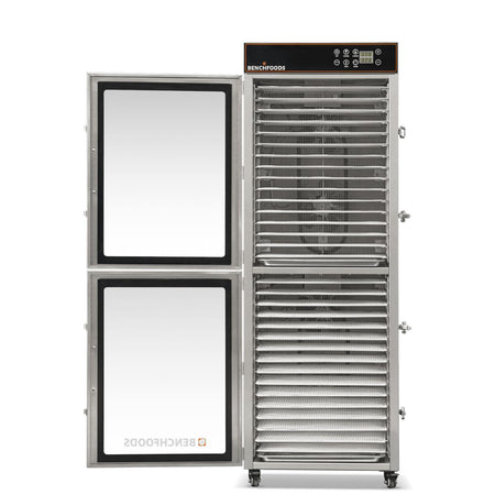 BenchFoods 32VCUDG vertical dehydrator with door open revealing the internal fan system