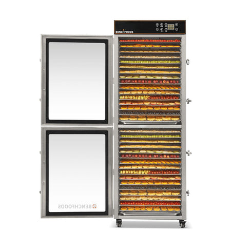 BenchFoods 32VCUDG vertical dehydrator with door open showing dehydrated fruit trays