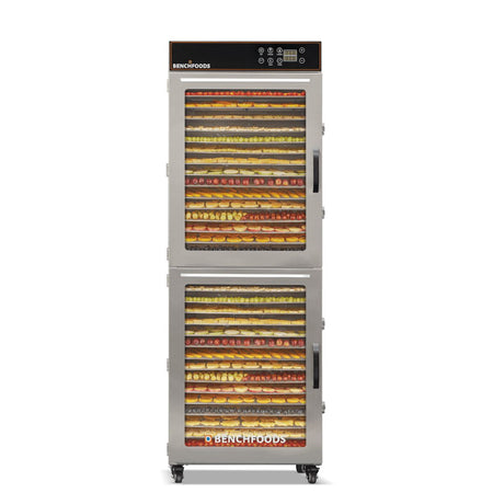 BenchFoods 32VCUDG vertical commercial dehydrator front view with dehydrated fruit trays loaded