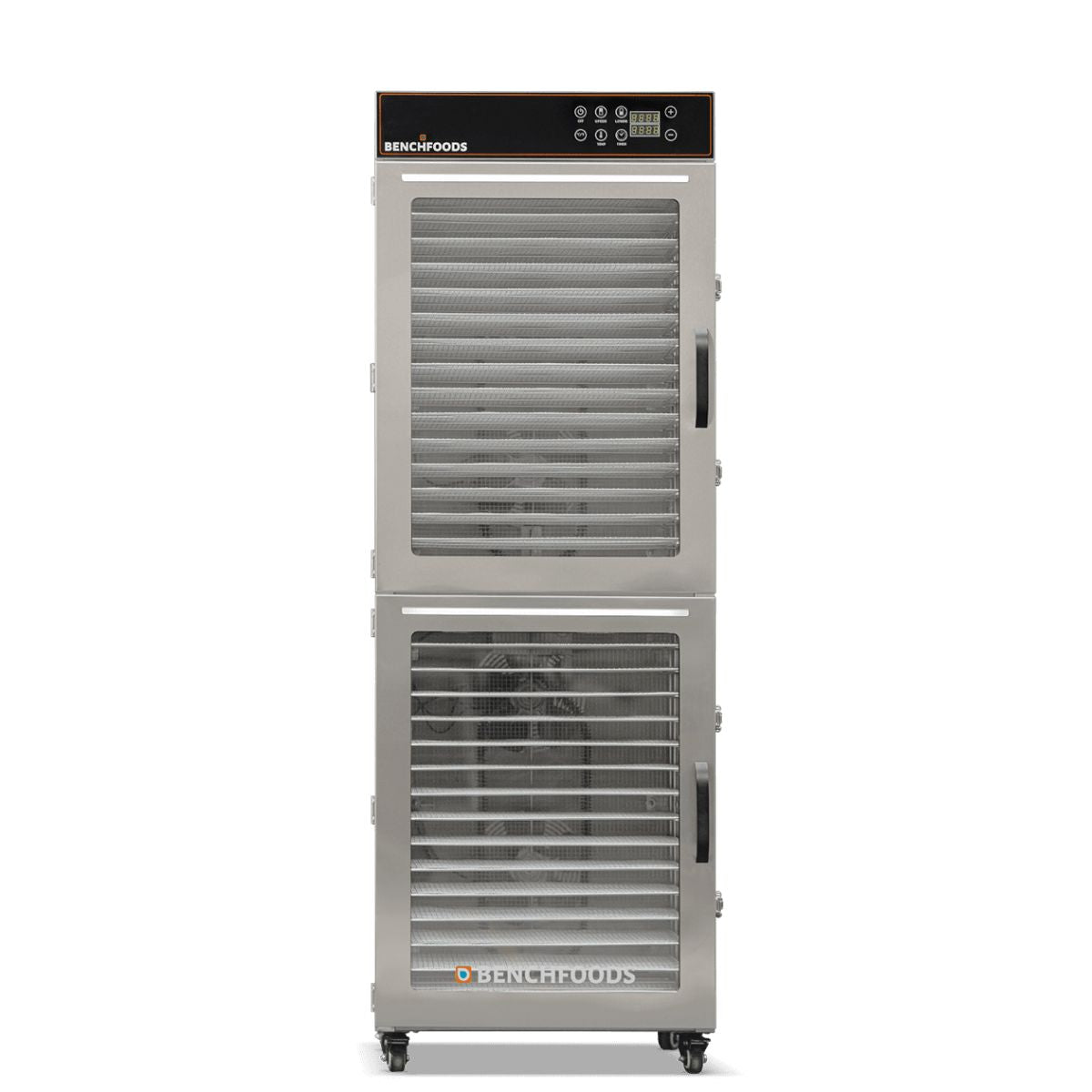 BenchFoods 32VCUDG vertical commercial dehydrator front view showing internal fans through glass doors