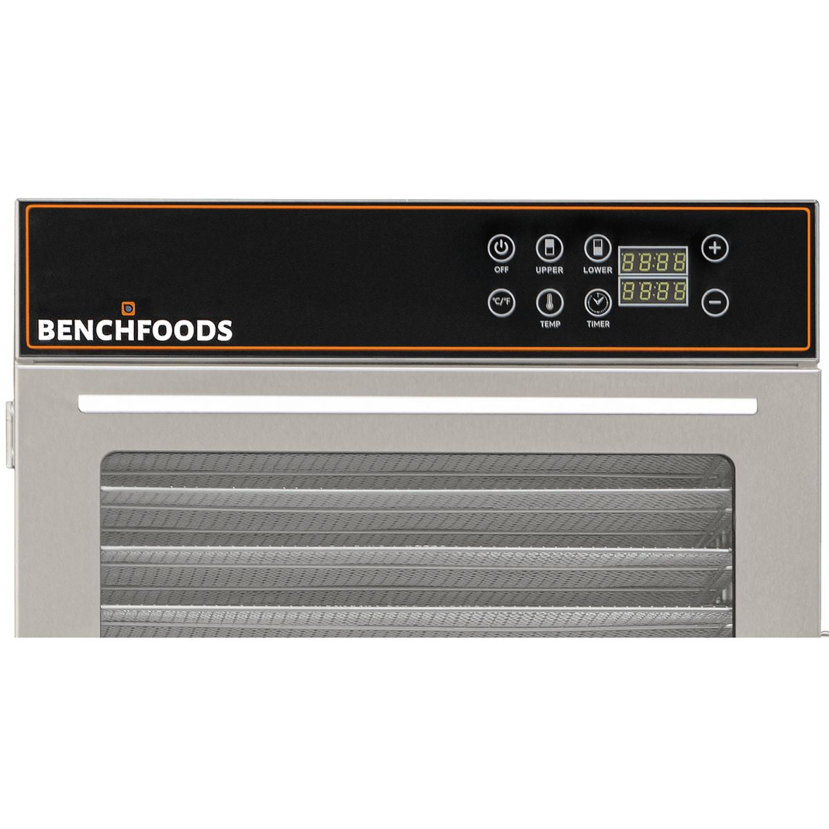 Close-up of the BenchFoods 32VCUDG digital control panel with upper, lower, temperature, and timer settings