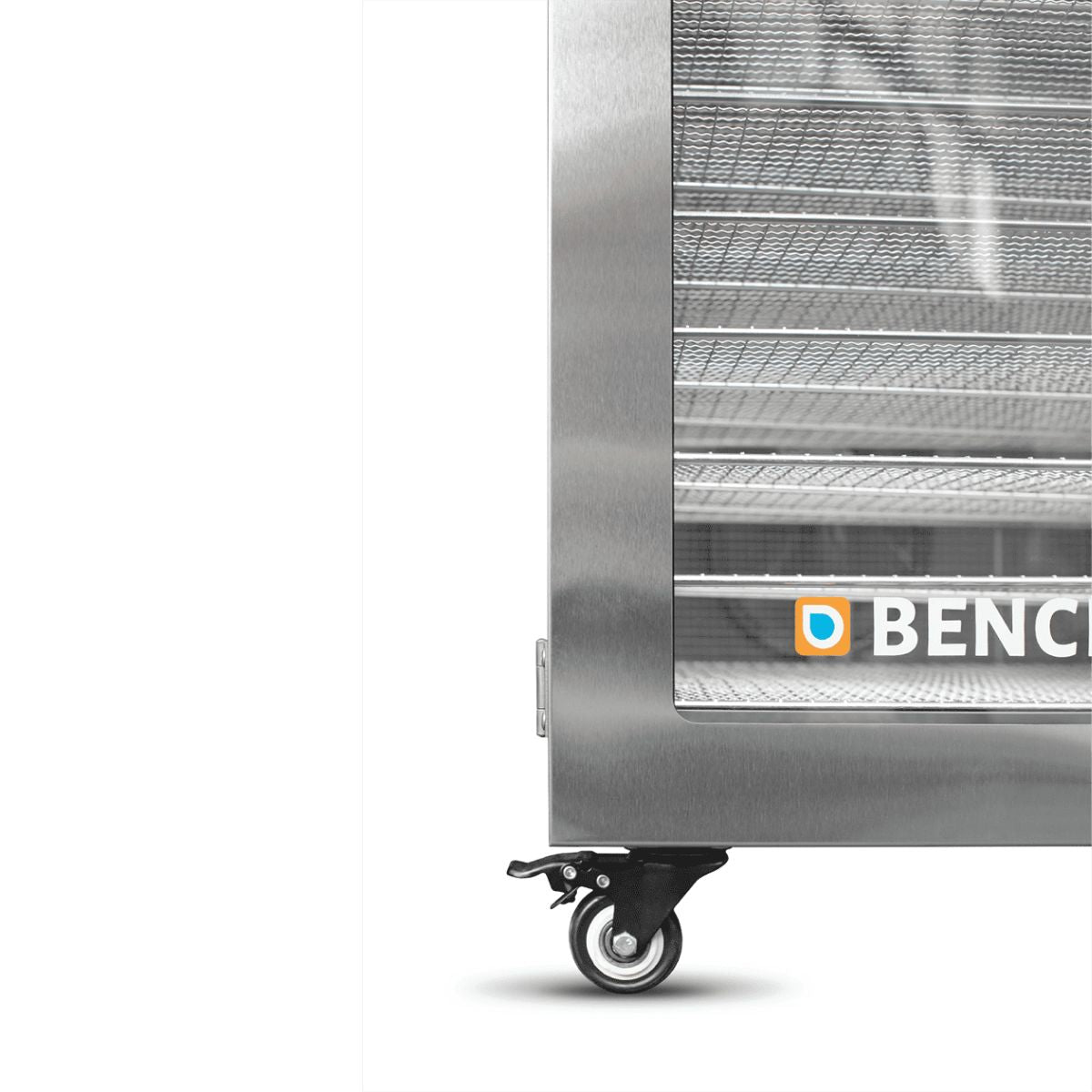 Close-up of the BenchFoods 32VCUDG heavy-duty lockable caster wheel and cabinet corner