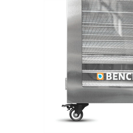 Close-up of the BenchFoods 32VCUDG heavy-duty lockable caster wheel and cabinet corner