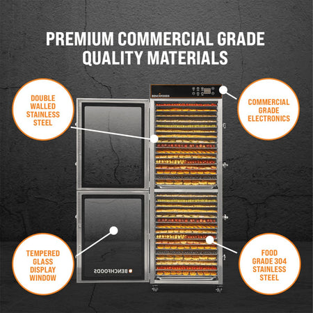 Infographic highlighting BenchFoods 32VCUDG premium commercial grade materials and construction