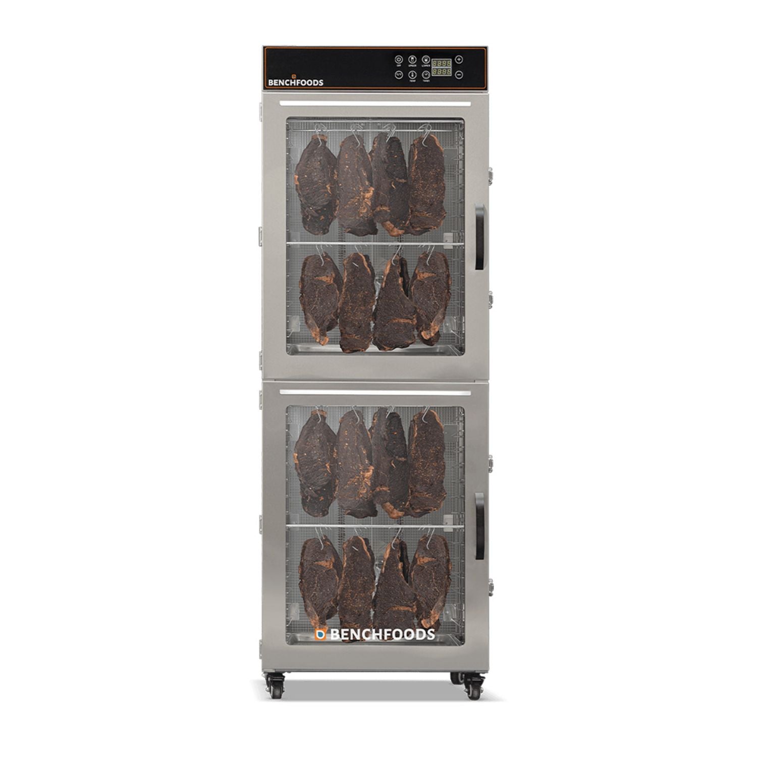 BenchFoods 32VCUDG biltong bundle vertical commercial dehydrator front view with closed doors showing biltong hanging in both zones