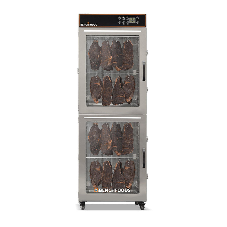 BenchFoods 32VCUDG biltong bundle vertical commercial dehydrator front view with closed doors showing biltong hanging in both zones