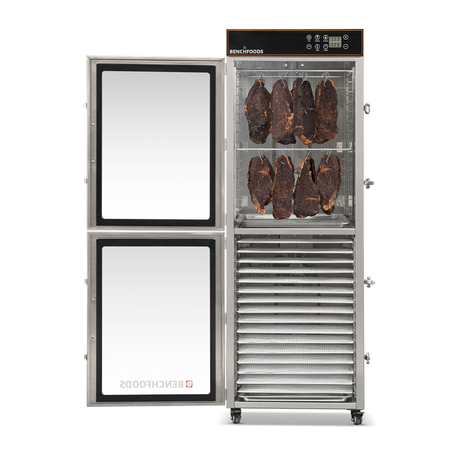 BenchFoods 32VCUDG biltong bundle dehydrator with door open showing meat hanging in the upper zone and empty stainless steel trays in the lower zone