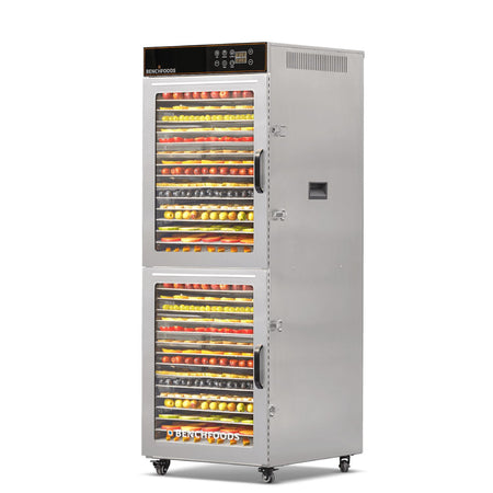 BenchFoods 32VCUDG biltong bundle vertical commercial dehydrator angled view with dehydrated fruit trays loaded