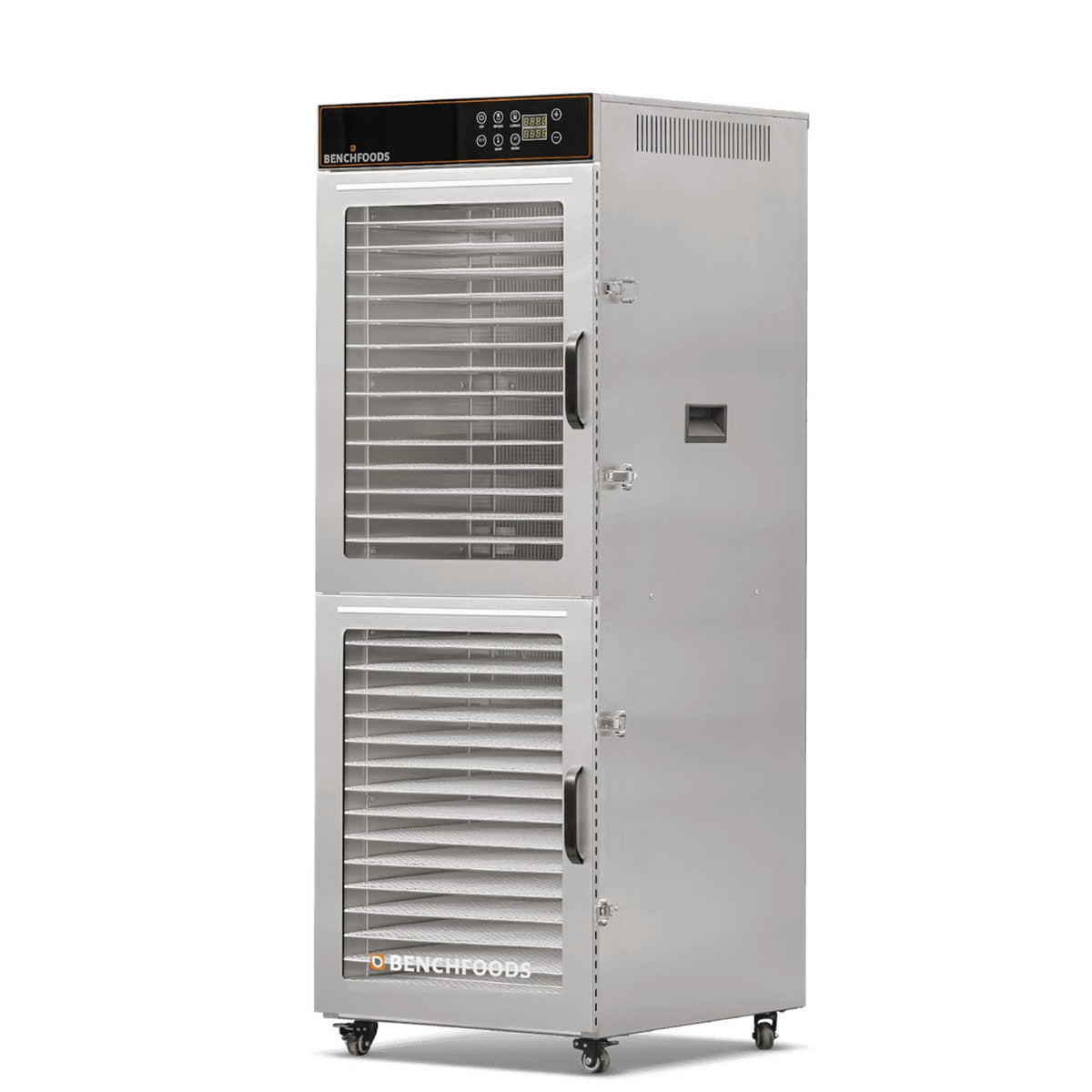 BenchFoods 32VCUDG biltong bundle vertical commercial dehydrator angled view showing empty stainless steel trays