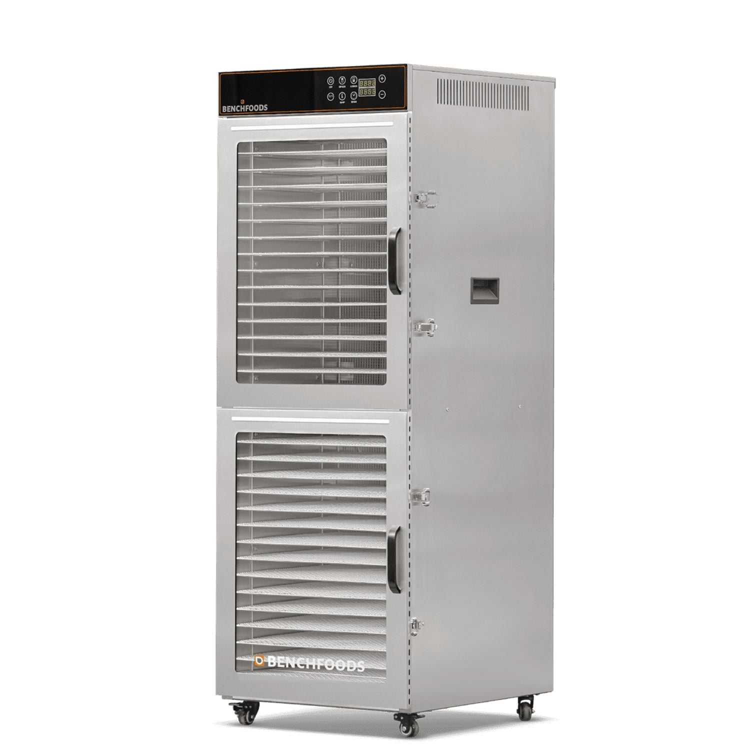 BenchFoods 32VCUDG biltong bundle vertical commercial dehydrator angled view showing empty stainless steel trays