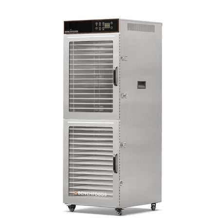 BenchFoods 32VCUDG biltong bundle vertical commercial dehydrator angled view showing empty stainless steel trays
