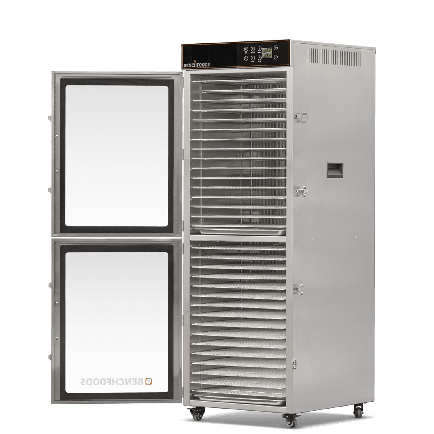 BenchFoods 32VCUDG biltong bundle dehydrator with door open showing empty stainless steel mesh trays