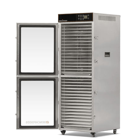 BenchFoods 32VCUDG biltong bundle dehydrator with door open showing empty stainless steel mesh trays