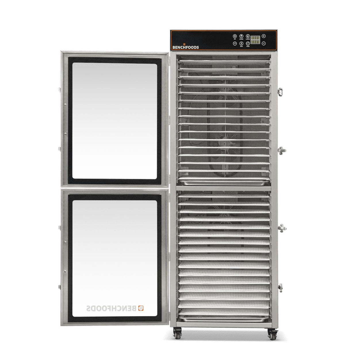 BenchFoods 32VCUDG biltong bundle dehydrator with both doors open revealing the internal fan system