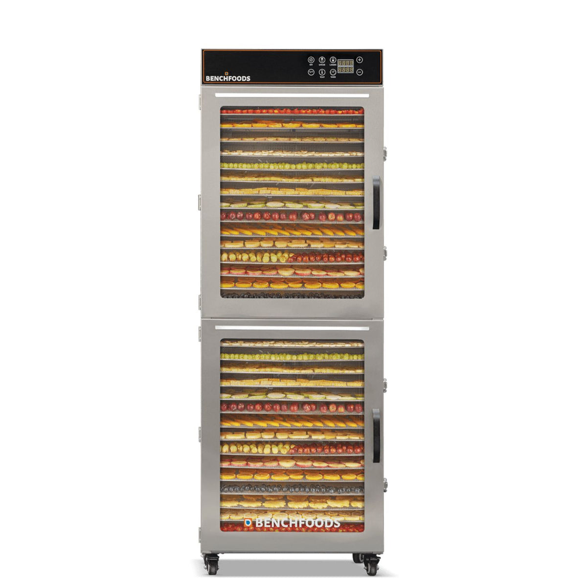BenchFoods 32VCUDG biltong bundle vertical commercial dehydrator front view with dehydrated fruit trays loaded