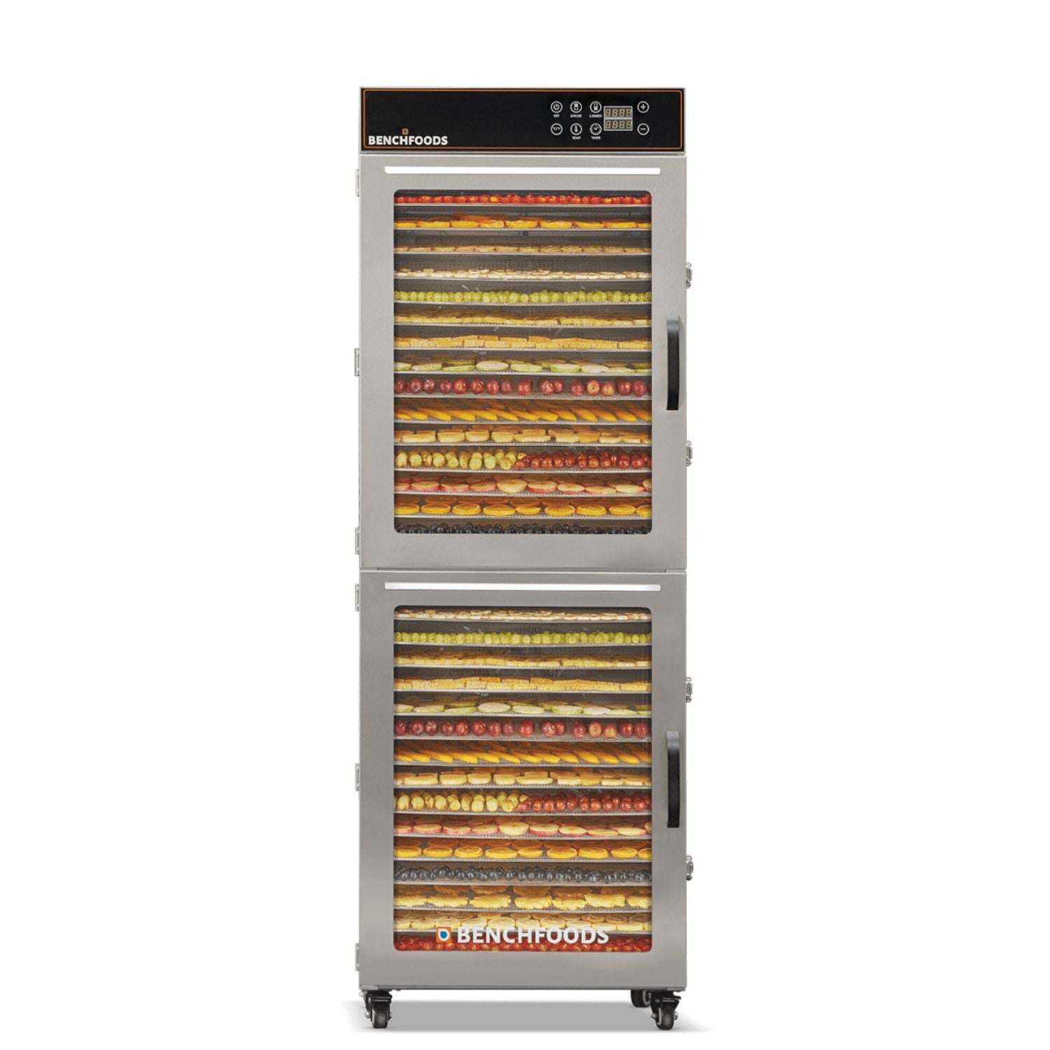 BenchFoods 32VCUDG biltong bundle vertical commercial dehydrator front view with dehydrated fruit trays loaded