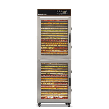 BenchFoods 32VCUDG biltong bundle vertical commercial dehydrator front view with dehydrated fruit trays loaded