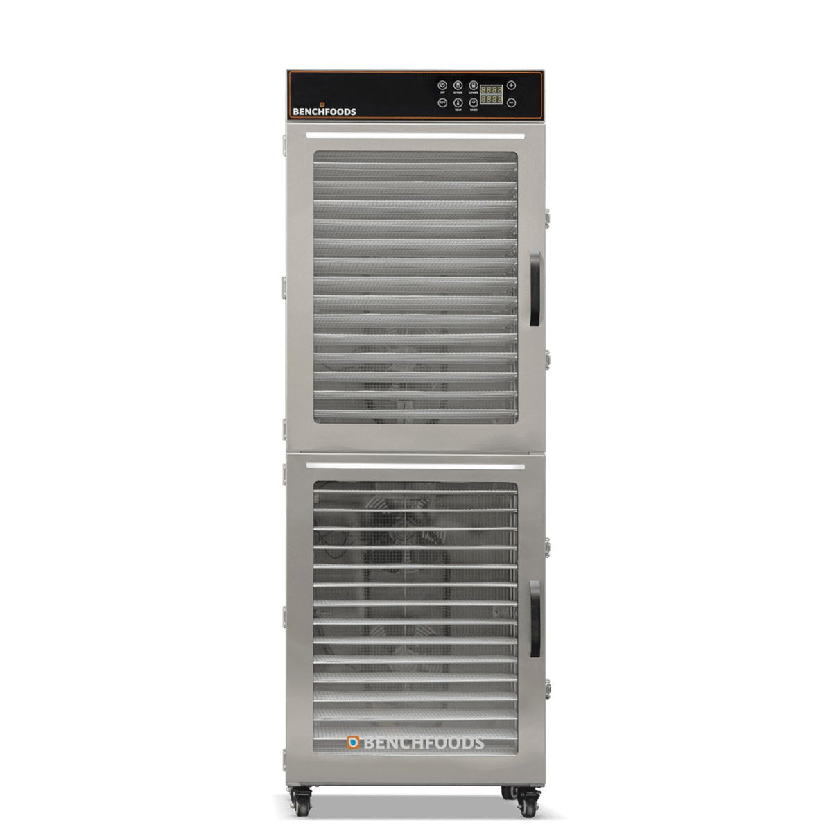 BenchFoods 32VCUDG biltong bundle vertical commercial dehydrator front view showing internal fans through glass doors