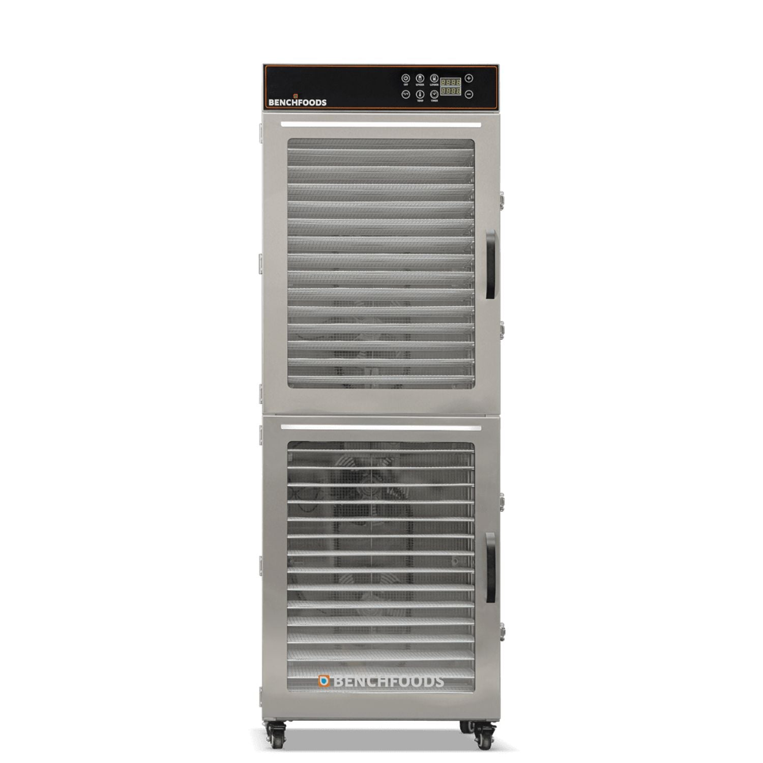 BenchFoods 32VCUDG biltong bundle vertical commercial dehydrator front view showing internal fans through glass doors