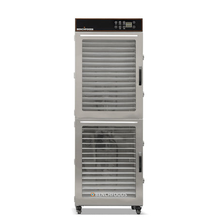 BenchFoods 32VCUDG biltong bundle vertical commercial dehydrator front view showing internal fans through glass doors