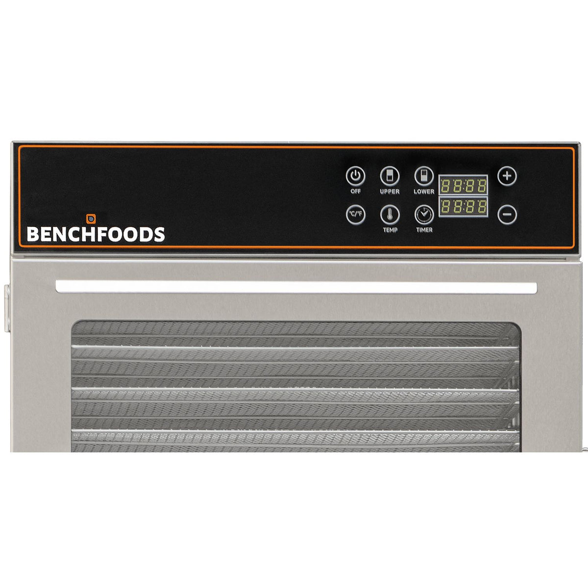 Close-up of the BenchFoods 32VCUDG biltong bundle digital control panel with upper, lower, temperature, and timer settings