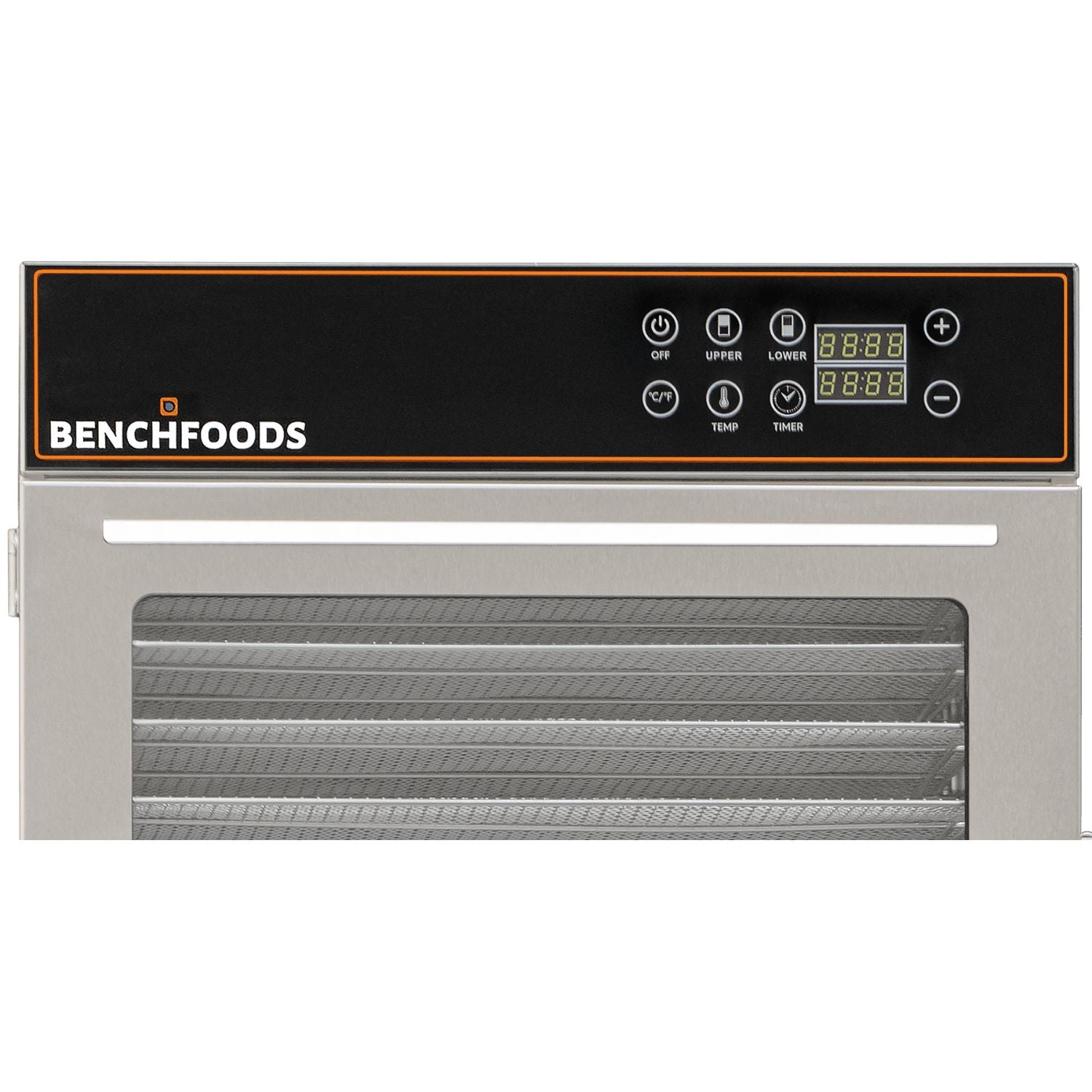 Close-up of the BenchFoods 32VCUDG biltong bundle digital control panel with upper, lower, temperature, and timer settings