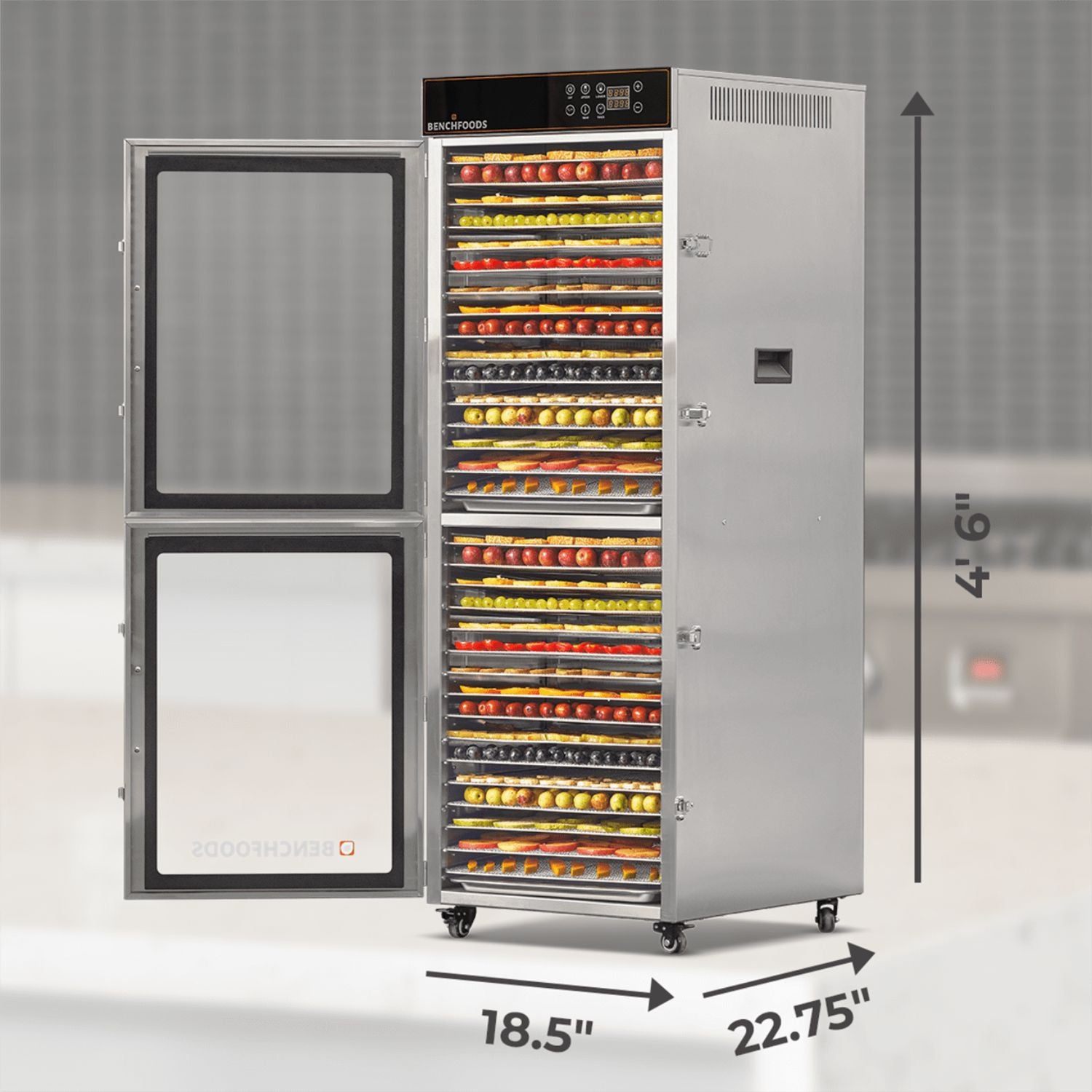 BenchFoods 32VCUDG biltong bundle vertical commercial dehydrator exterior dimensions shown in width, depth, and height