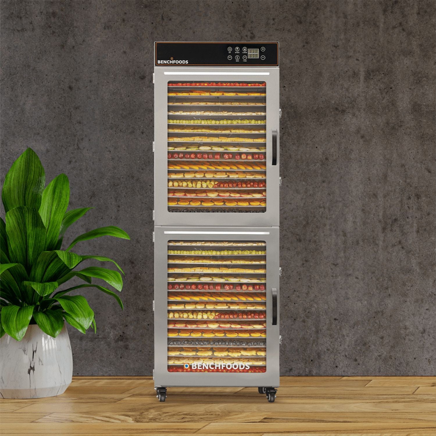 BenchFoods 32VCUDG biltong bundle vertical commercial dehydrator shown in a modern home kitchen setting