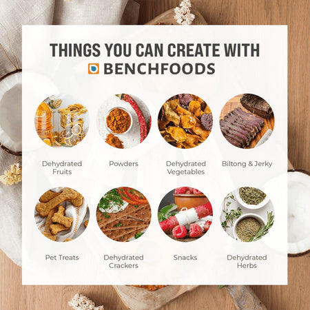 Infographic showing foods you can make with BenchFoods dehydrators, including jerky, fruit, and pet treats