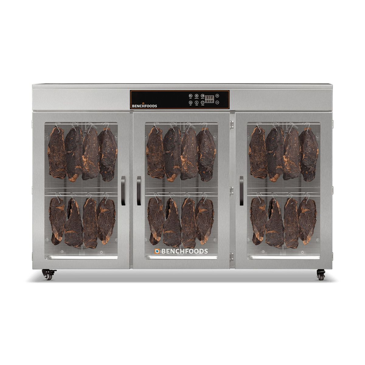 BenchFoods 60CUDG commercial dehydrator front view with biltong hanging inside