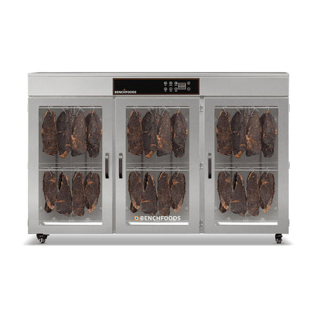 BenchFoods 60CUDG commercial dehydrator front view with biltong hanging inside