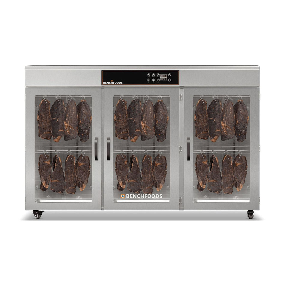 BenchFoods 60CUDG commercial dehydrator front view with biltong hanging inside