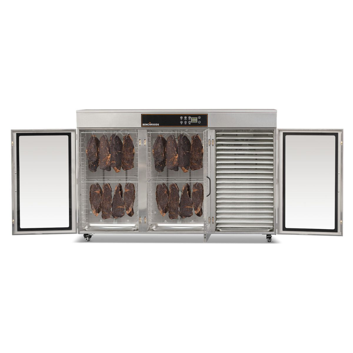 BenchFoods 60CUDG dehydrator with doors open showing hanging biltong and mesh trays