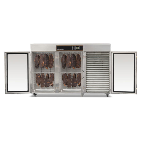 BenchFoods 60CUDG dehydrator with doors open showing hanging biltong and mesh trays