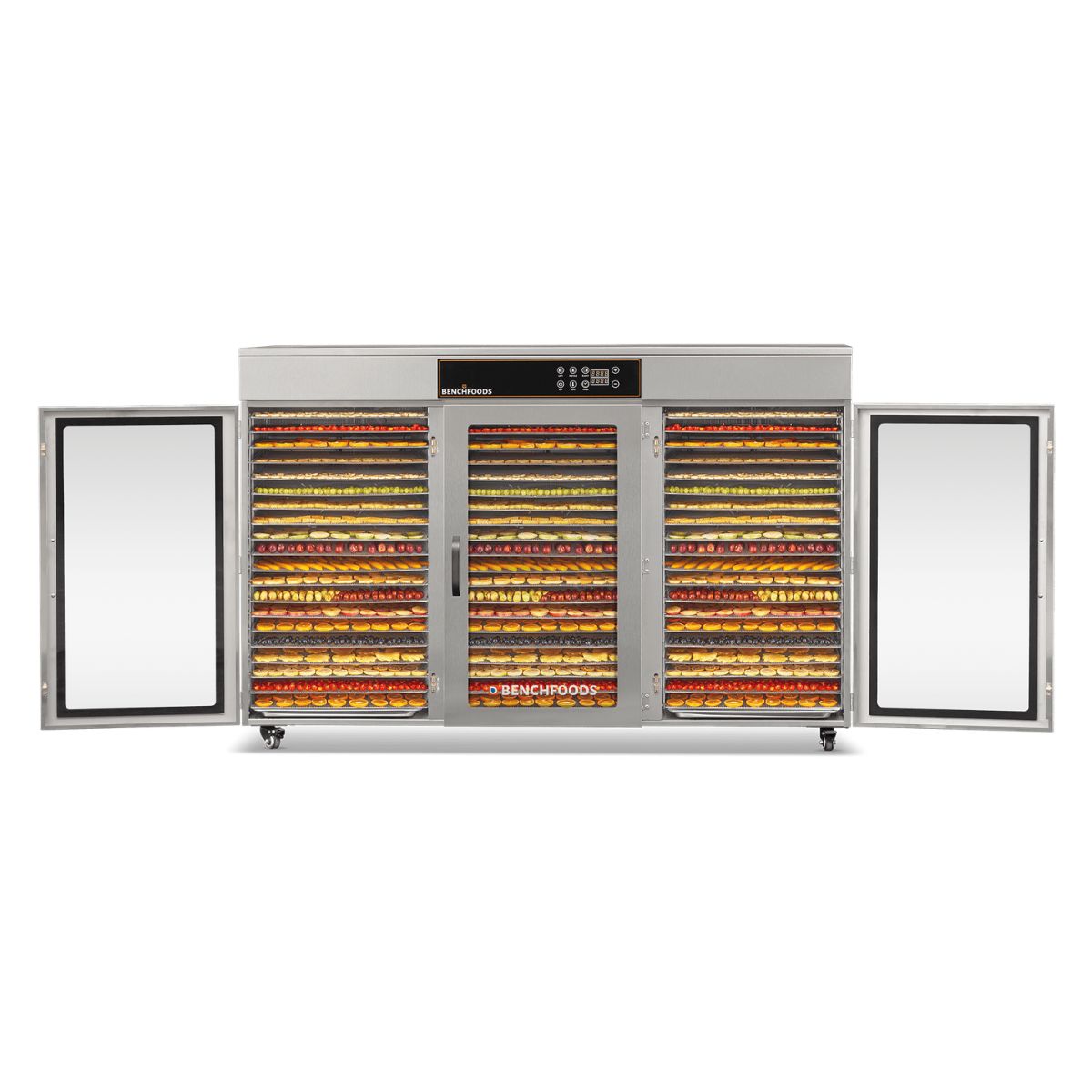Front straight-on view of the BenchFoods 60CUDG commercial dehydrator with the left and right doors open, showing all 60 trays completely full of dehydrated fruits.